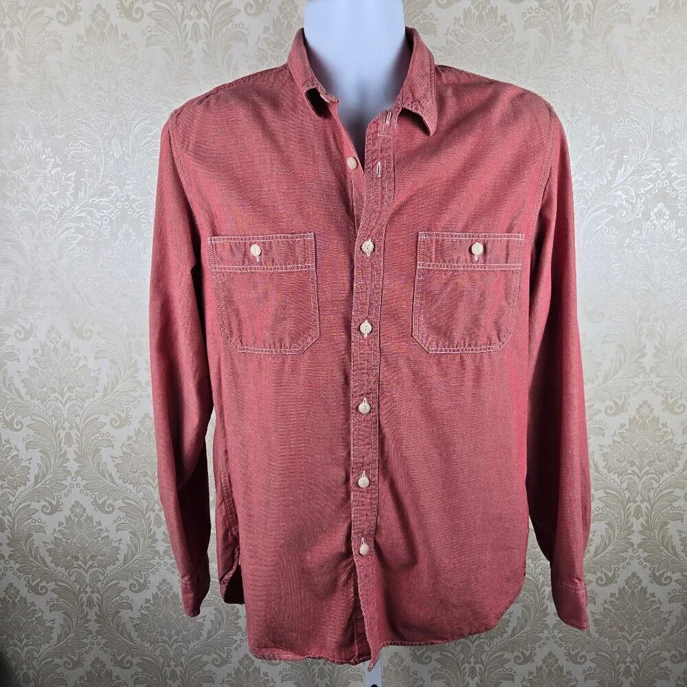 J Crew Size Medium Washed Red Chambray Cotton Button Down Shirt Chest Pockets